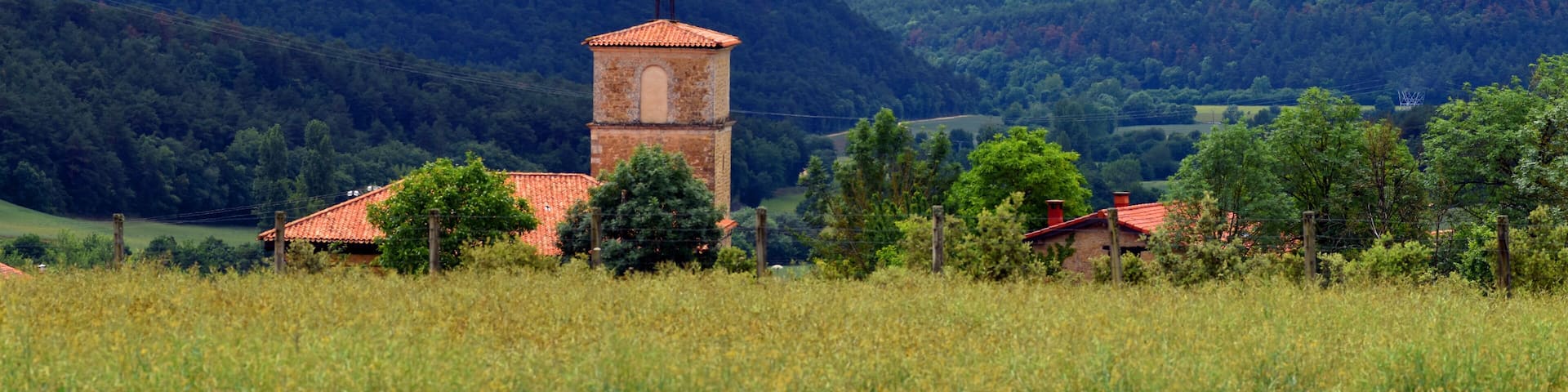 Foggy landscape of the town of Quintanilla in Valdegovia. Basque Country, Spain