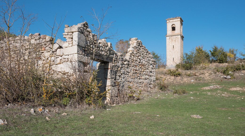 Ruins of a house and the bell tower in Otxate. Treviño County, Spain