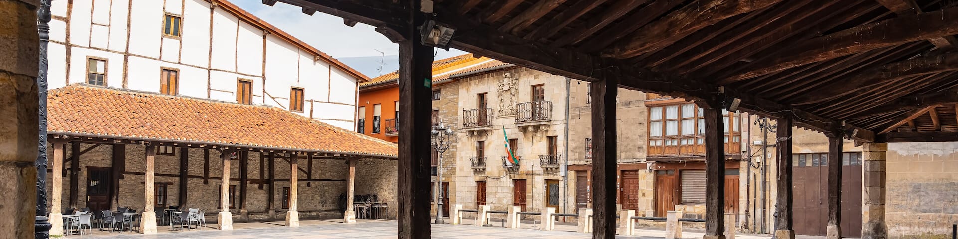 Main square with wooden porticoes in the old town of the Basque Country, Salvatierra.