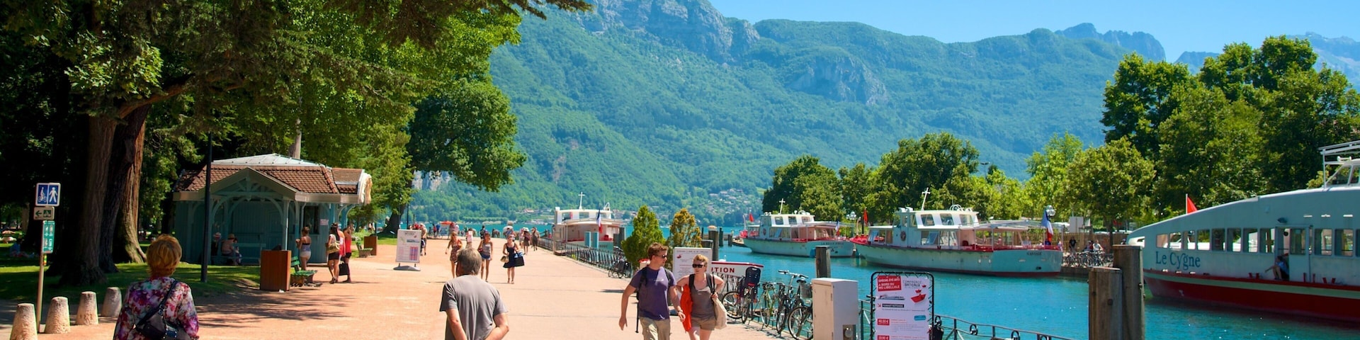 A promenade with people walking, a dog, and boats on a lake with mountains in the background.