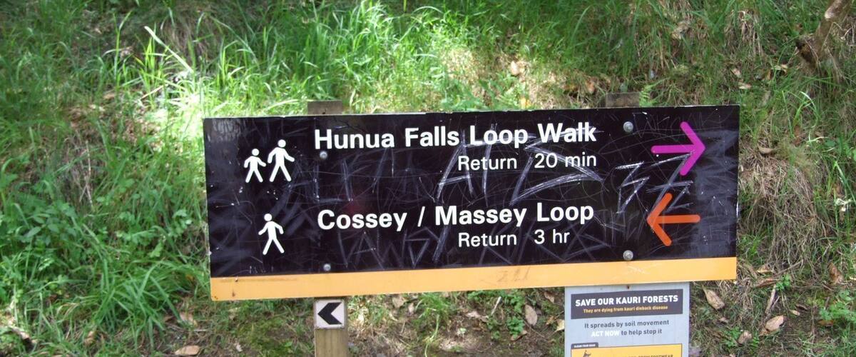 A sign for Huna Falls Loop Walk with directions and return times.