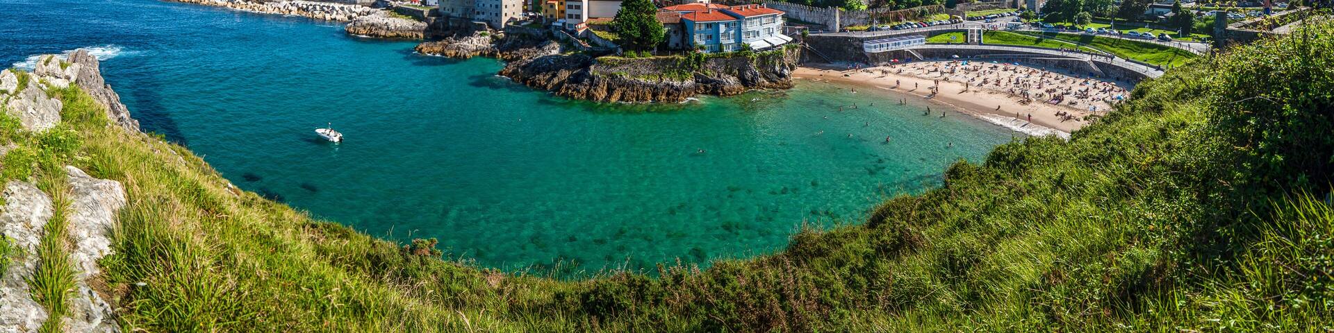 Panoramic view of the "Very noble and loyal Villa" of LLanes; Asturias, Spain. The town of Llanes is located on the edge of the Cantabrian Sea, near the Picos de Europa.