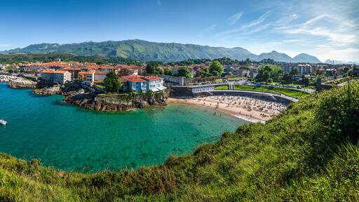 Panoramic view of the "Very noble and loyal Villa" of LLanes; Asturias, Spain. The town of Llanes is located on the edge of the Cantabrian Sea, near the Picos de Europa.