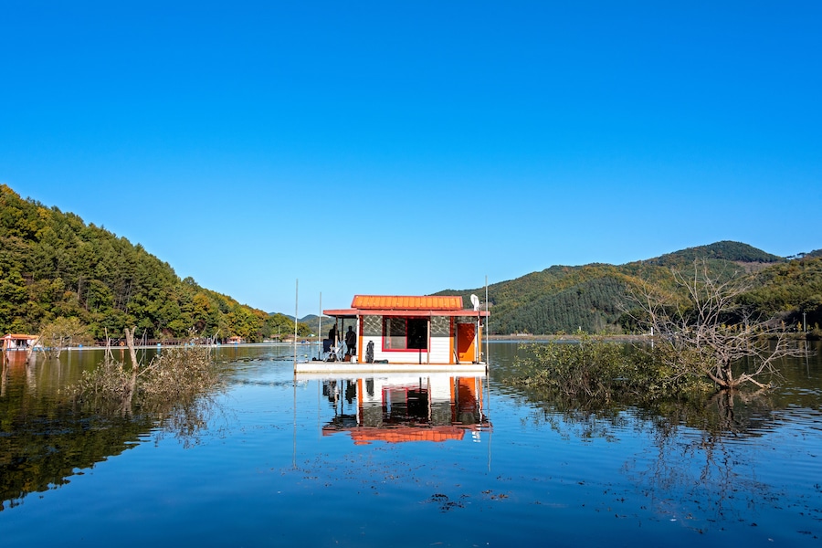 Mungwang reservoir landscape with fishing spot, Goesan, South Korea; Shutterstock ID 1208781058; Purchase Order: -