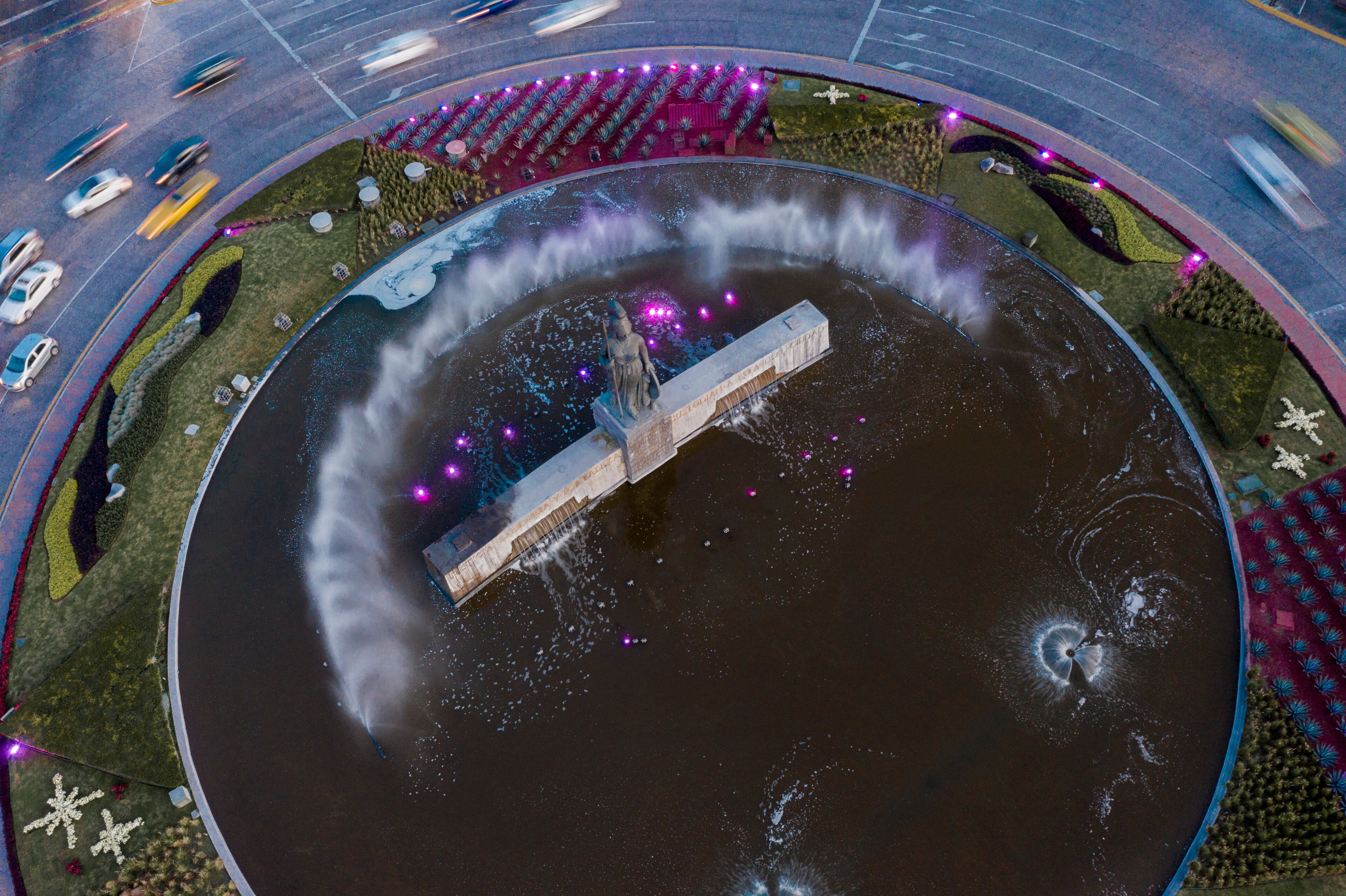 Aerial of Minerva statue fountain in Guadalajara Jalisco Mexico