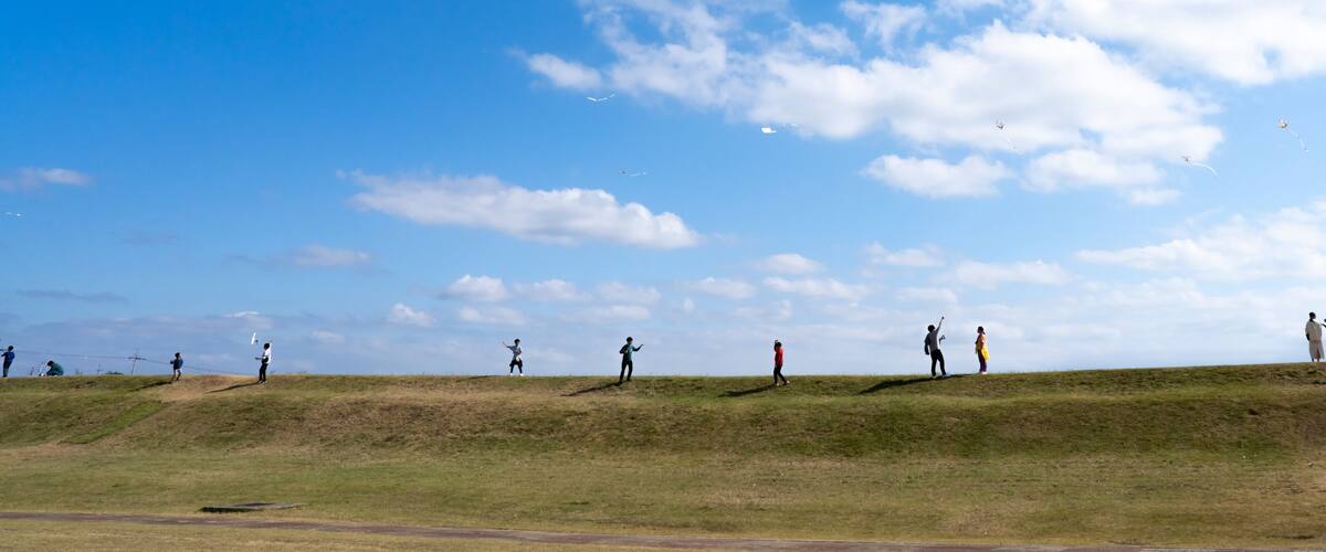 A grassy hill with people flying kites and walking.