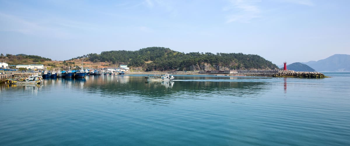 A calm harbor with boats, a lighthouse, and a forested hill in the background.