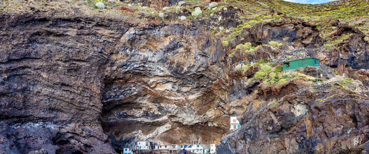 Settlement in a cave, Poris de Candelaria, Cueva de Candeleria, Pirate Bay, Island La Palma, Canary Islands, Spain, Europe.