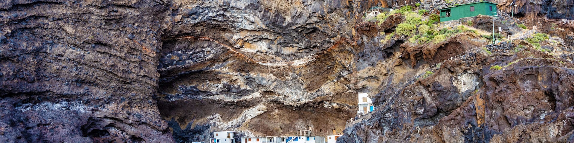 Settlement in a cave, Poris de Candelaria, Cueva de Candeleria, Pirate Bay, Island La Palma, Canary Islands, Spain, Europe.