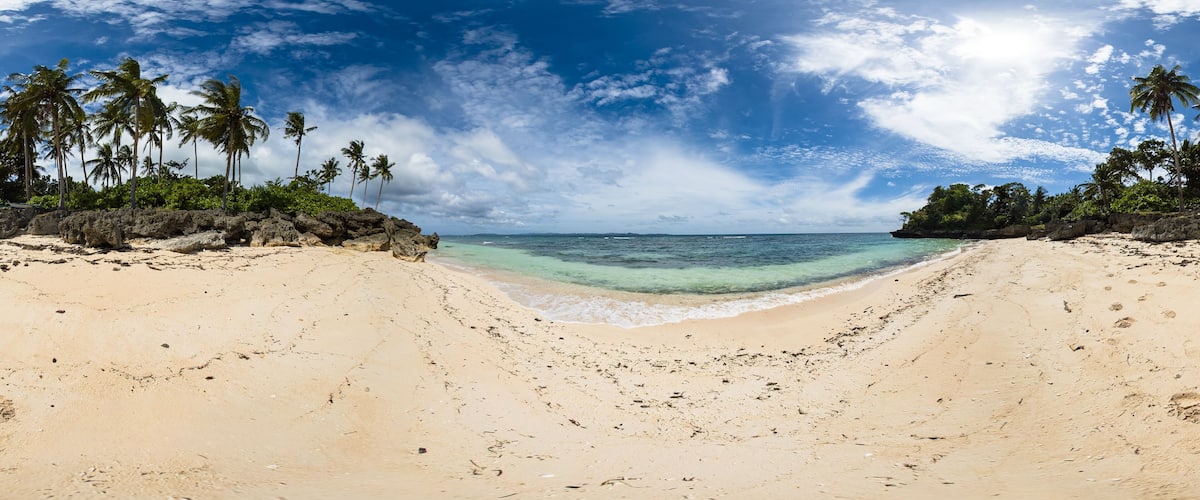 A beach with clear turquoise water, palm trees, and rocky outcrops.