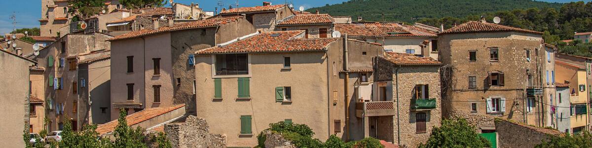 Panoramic view of the houses at the quiet and charming village of Figanieres, on a hot and sunny summer day. Located in the Var department, Provence region, southeastern France