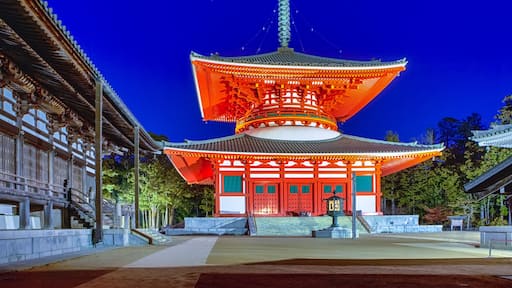 Asian Travel Destinations. Night Shot of Danjo Garan Sacred Temple Complex with Konpon Daito (Great pagoda) at Mount Koya (Koyasan) in Japan