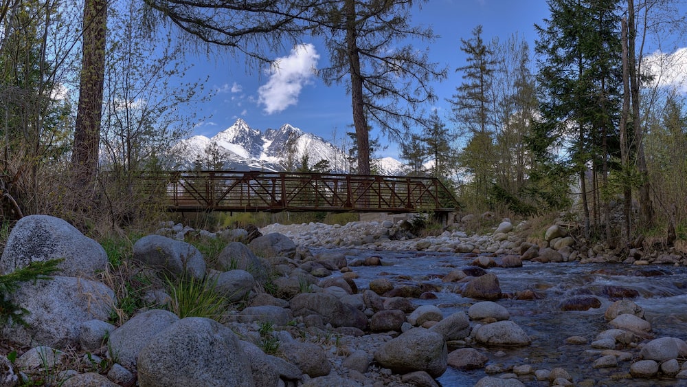 Cold creek with old bridge in Stara Lesna village with High tatras on the backgroud / Slovakia