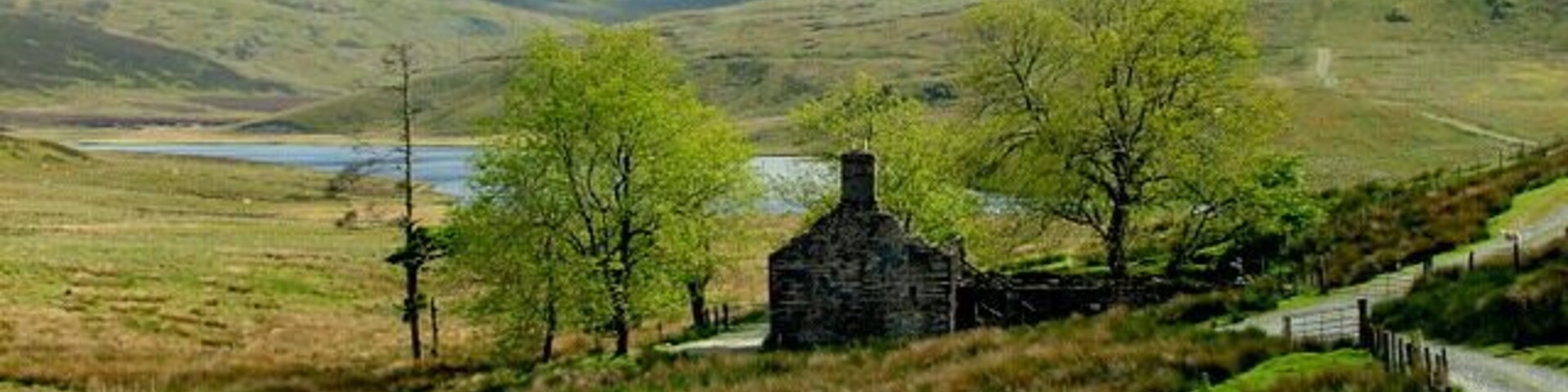 Derelict House at Bugeilyn Bugeilyn Lake can be seen beyond, with Plynlimon in the distance.