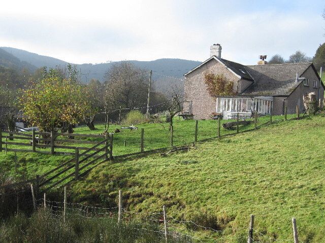 Paisaje rural con una casa de piedra, un campo cercado y un árbol de hojas amarillas.