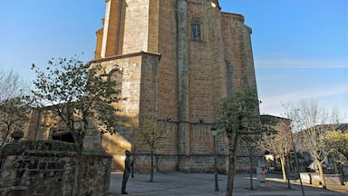 A historic stone building with a tall bell tower and arched windows.