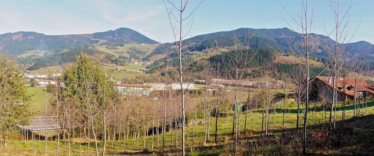A town nestled in a valley with mountains in the background.