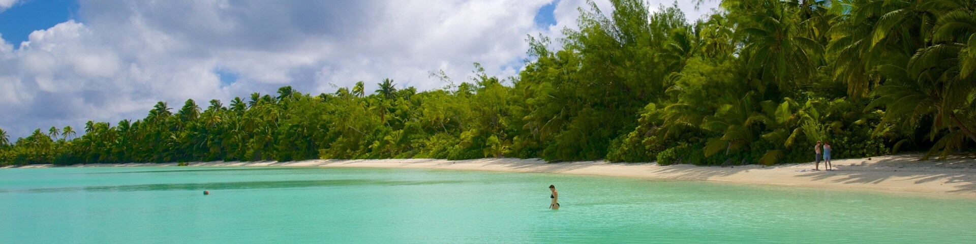 Mar turquesa con gente nadando y haciendo snorkel, una playa de arena y una hilera de palmeras bajo un cielo parcialmente nublado.
