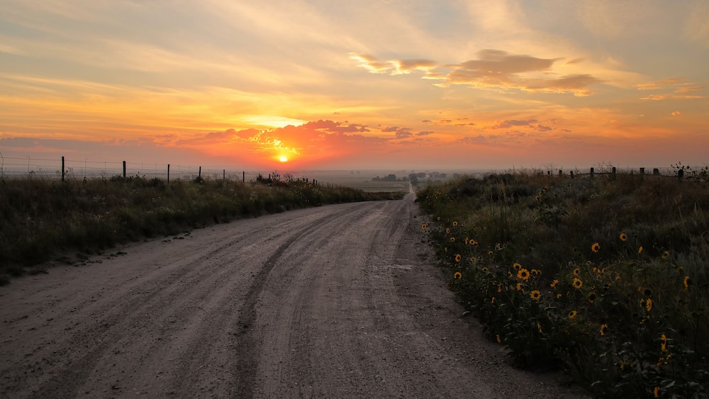Dirt road at sunrise, North Platte River valley, western Nebraska, USA