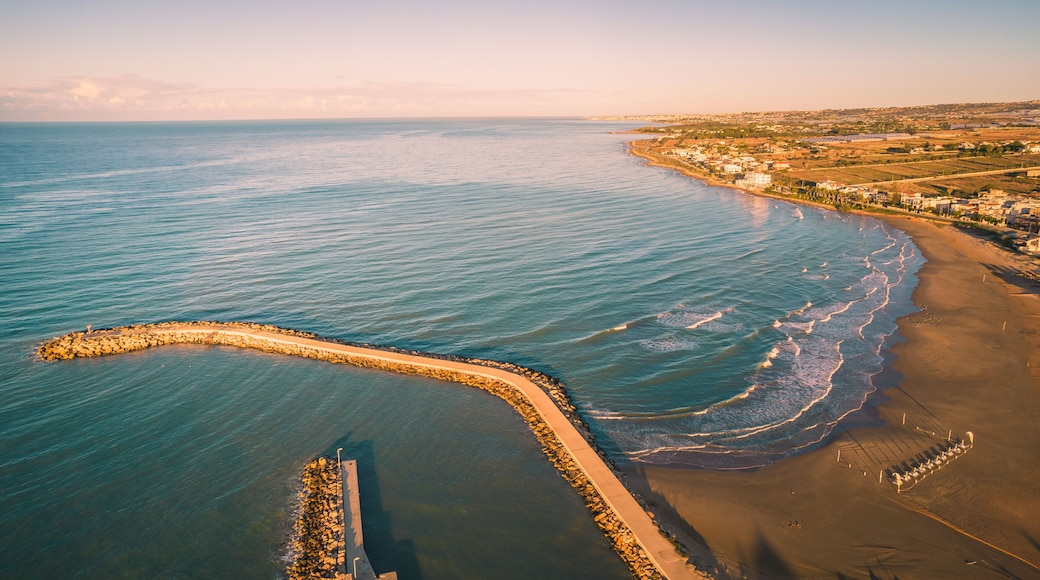 Amazing Panorama of Donnalucata and Mediterranean Sea at Dawn from above, Scicli, Ragusa, Sicily, Italy, Europe--