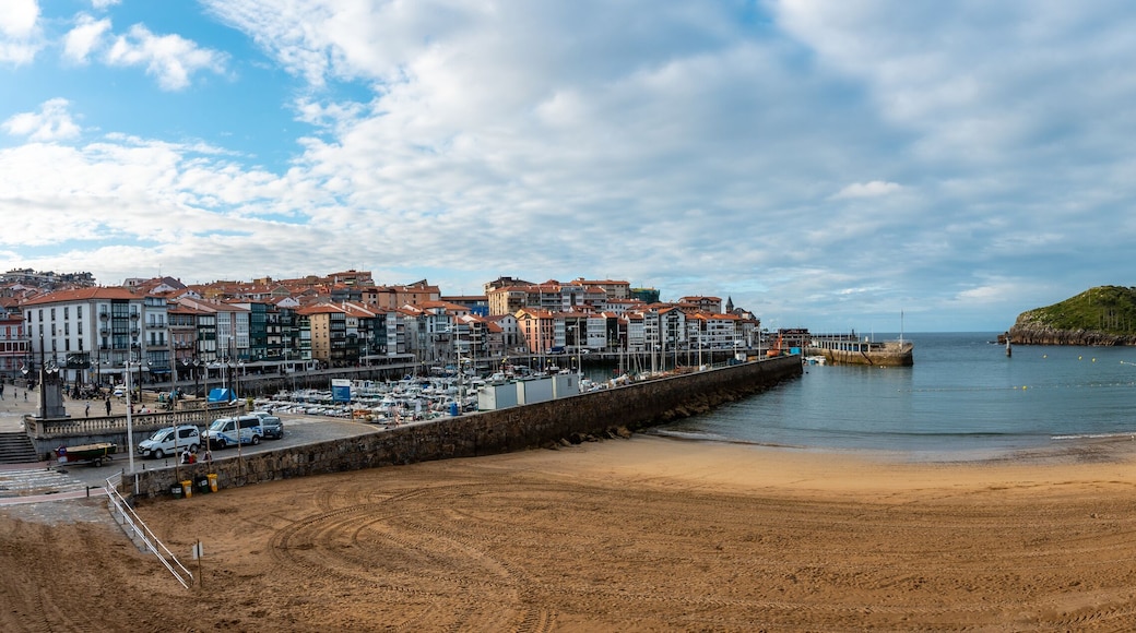 Panoramic of the Island of San Nicolas at low tide from Isuntza beach in Lekeitioi, landscapes of Bizkaia. Basque Country