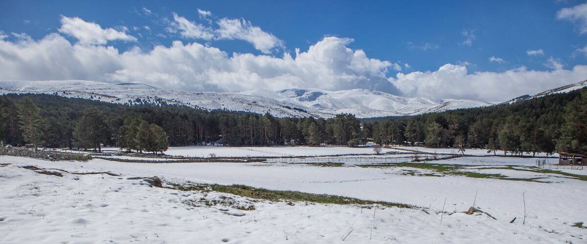 A snow-covered landscape with a clear blue sky, a forested mountain range, and a small body of water.