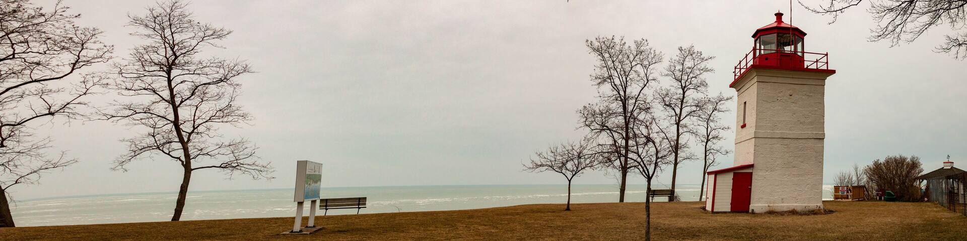 Goderich Ontario Canada lighthouse panoramic style photo. Goderich is popular for tourism.
