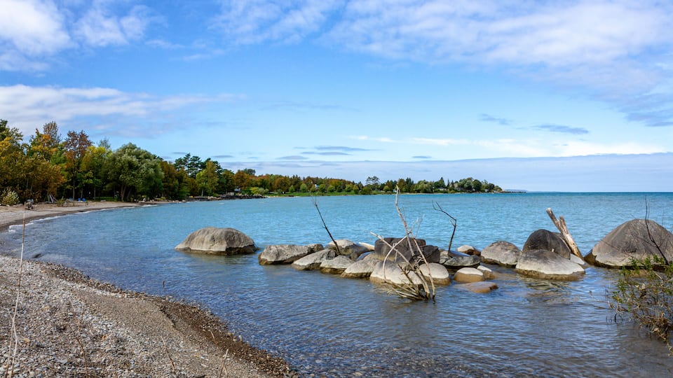 A calm river with large rocks in the middle, surrounded by trees and a clear sky.