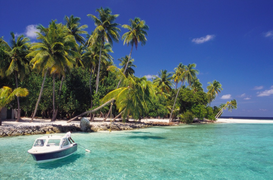 Boat Moored Off the Coast of Kuda Bandos, North Male Atoll, Maldives