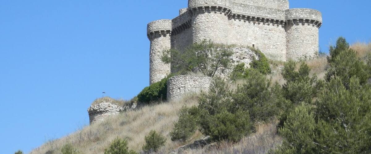 A stone castle on a hill with sparse vegetation.