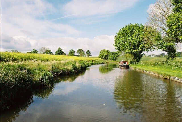 Llangollen Canal. Looking SE between Coachman's and Clay Pit bridges with rapeseed in bloom