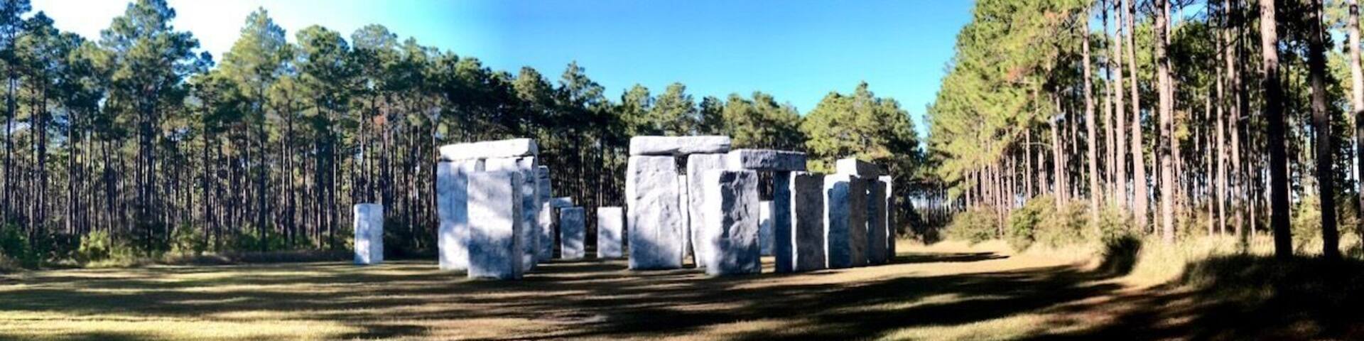 Stonehenge-like structures in a forest.