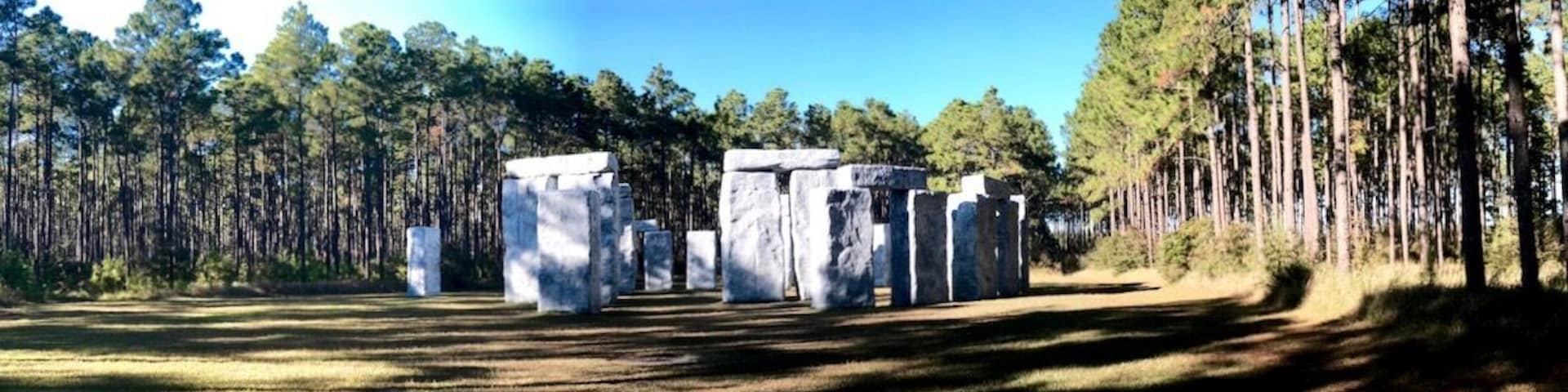Created by Sculptor Mark Cline for billionaire George Barber, ‘Bamahenge’ is 21 feet tall and 104 feet across, essentially identical in size to the original. It's correctly aligned with the summer solstice; the point of sunrise is over the center of three lintels on the outer markers. There are actually only four different stone shapes, but with clever flipping and repositioning, all of them look different.