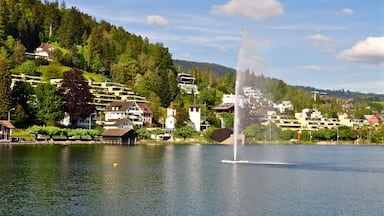 Dorf Unterägeri am Ägerisee mit Springbrunnen, Kanton Zug, Schweizer See