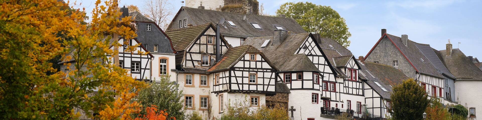 Historic view of Reifferscheid with white castle tower and traditional half-timbered houses. Autumn foliage and clear sky, Eifel region, Germany