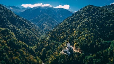 Zilkale, located on a high hill in Rize. Wide angle photo of the castle in the forest area taken with a drone.