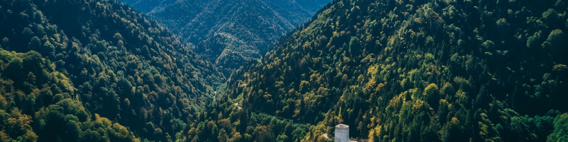 Zilkale, located on a high hill in Rize. Wide angle photo of the castle in the forest area taken with a drone.