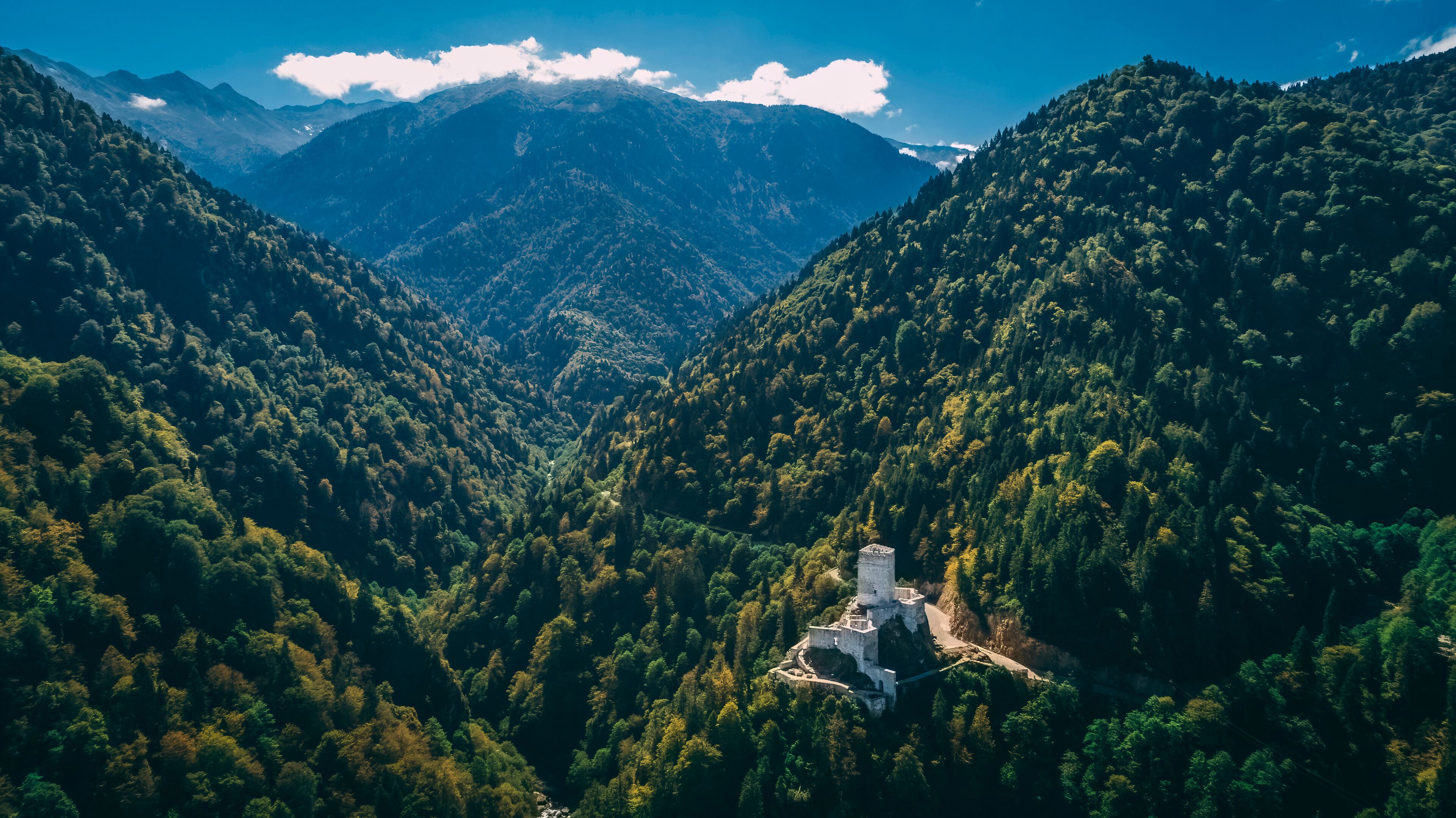 A mountainous landscape with dense forests and a white building with a stone pathway.