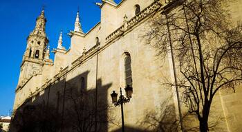 Logroño, La Rioja, Spain - February, 15th, 2019 : South facade of the Co-Cathedral of Santa María de la Redonda along Calle Portales street.