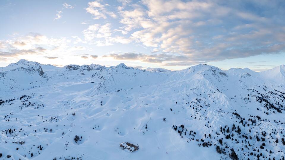 Aerial view of Skiing area of Paradiski, La Plagne, France Alpes