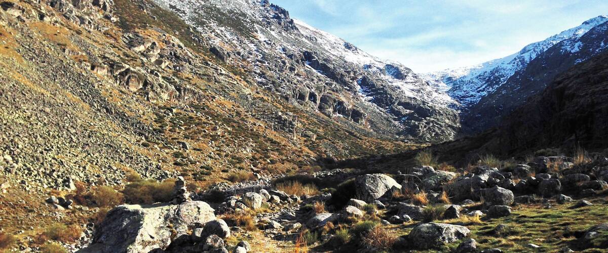 A mountainous landscape with a rocky path, sparse vegetation, and snow-capped peaks under a clear sky.