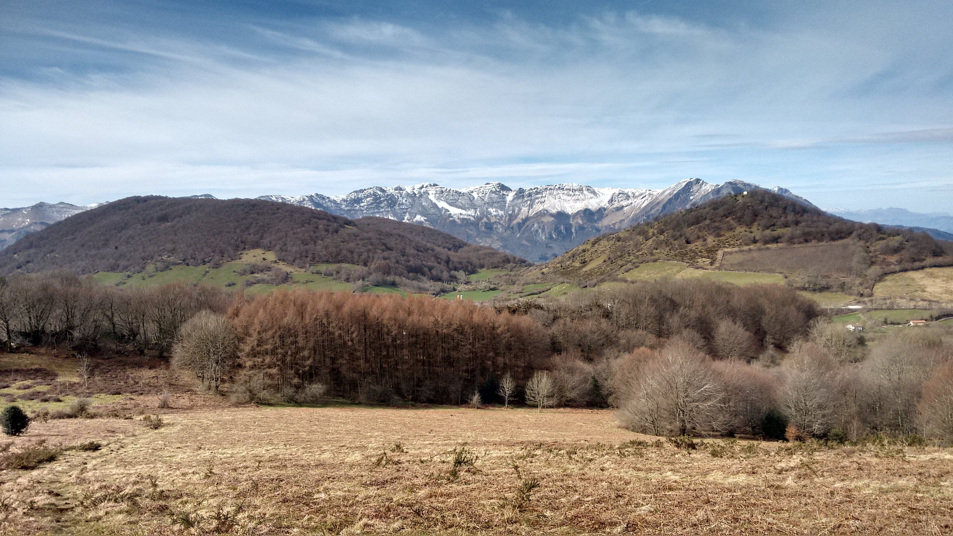 A mountainous landscape with snow-capped peaks, a valley with sparse trees, and a clear sky.