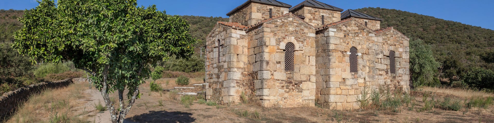 An ancient stone building with arched windows and a tree in front.