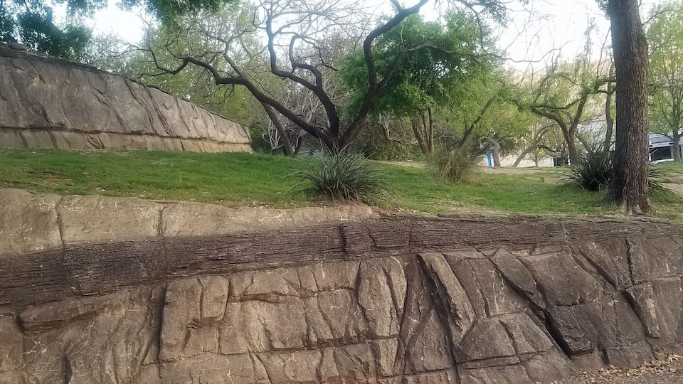 A rocky terrain with grass and trees.