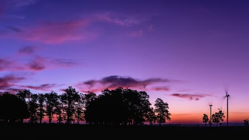 The silhouette of four modern windmills in a colorful sunset, next to a group of trees on the horizon, on the outskirts of Kiyú, San José, Uruguay