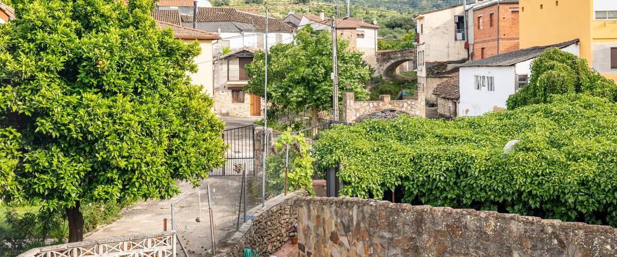 A hillside village with stone houses, lush greenery, and a mountain in the background.