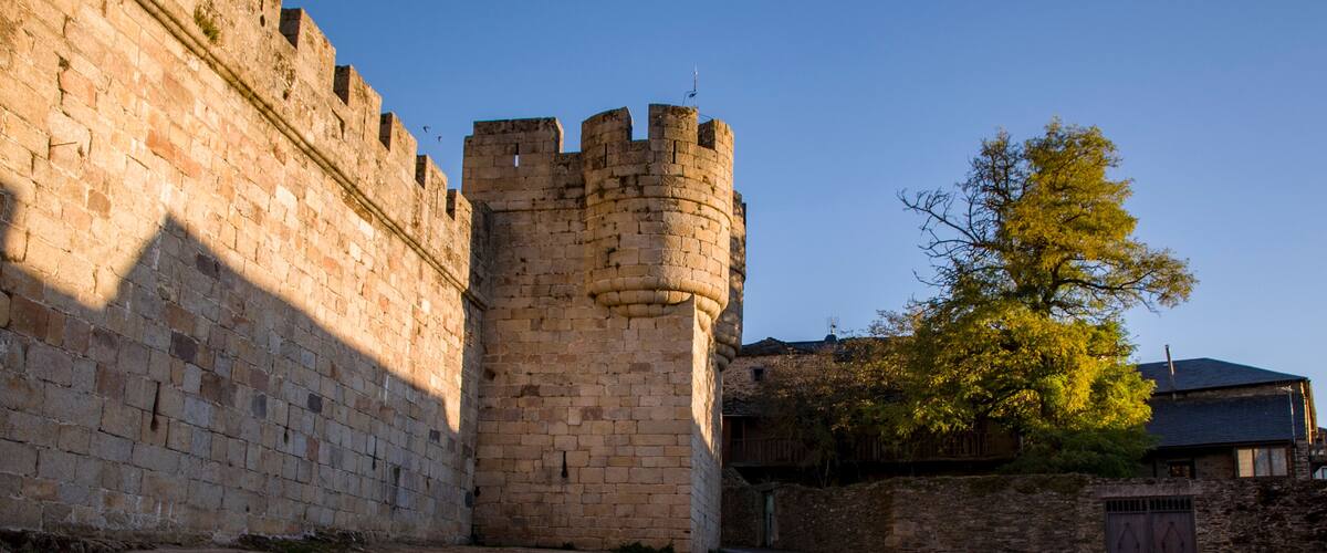A stone castle with a tall tower, cobblestone courtyard, and a tree with yellow leaves.