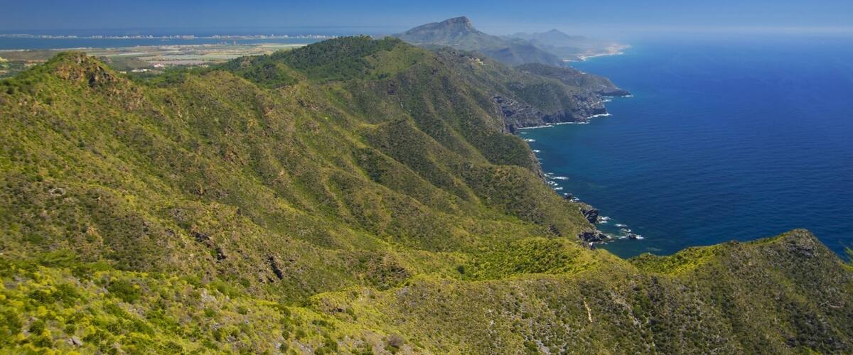 A coastal landscape with green hills and a clear blue sea.