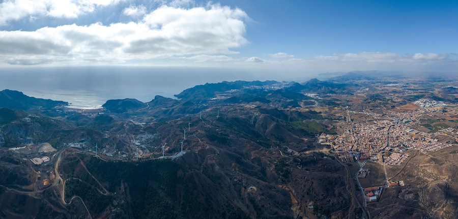 Aerial view of the Cartagena-La Unión mining mountain range, Cartagena, Region of Murcia, Spain