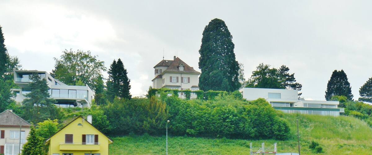 A residential area with houses on a hillside, surrounded by greenery and trees.